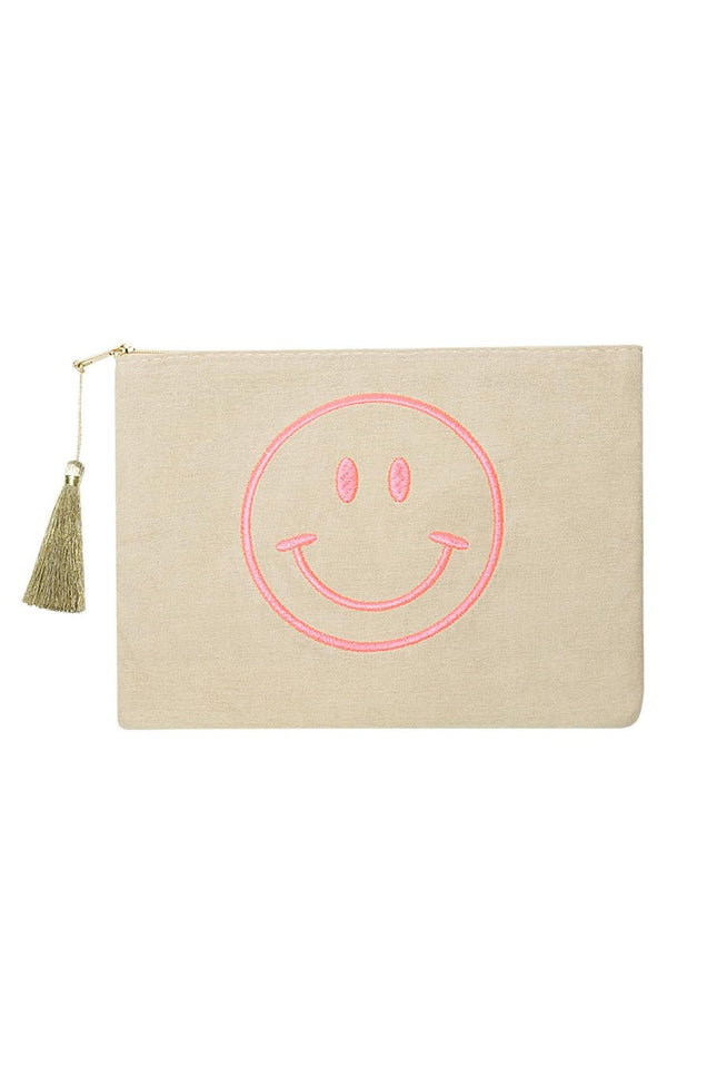 Smiley Make-up Tas - Beige & Roze Katoen Cosmetic Tasje (22x16 cm) - Met Kwastje & Borduursel - Ideaal voor Make-up, Sieraden of Reisaccessoires