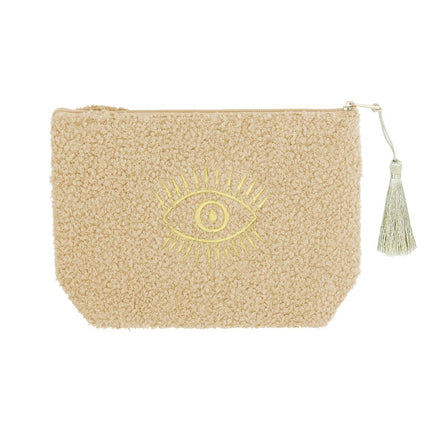 Make-up-Tasche mit Goldenem Auge – Beige Kulturtasche – 19,5x13,5x5,5 cm – Polyester – Schmucktasche oder Kosmetiktasche – Mit Reißverschluss – Einzigartiges Geschenk