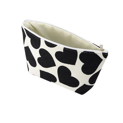 Make-up tasje met hartjes - Rode toilettas - Wit met Zwarte harten - 25x16x17,5 cm - 100% Polyester
