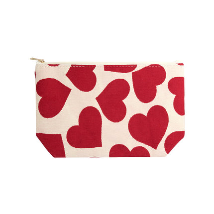 Schminktasche mit Herzen - Rote Kulturtasche - Beige mit roten Herzen - 25x16x17,5 cm - 100% Polyester
