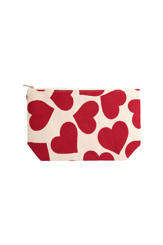 Make-up tasje met hartjes - Rode toilettas - Beige met rode harten - 25x16x17,5 cm - 100% Polyester