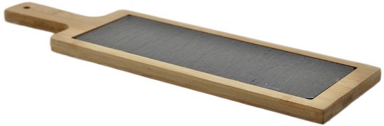 MPLCo - Serveerplank - Tapasplank - Leisteen Serveerplank met Bamboe Onderzetter - Natuursteen Tapasplank - Serveerplank voor Kaas, Sushi & Hapjes - 40 x 12 x 1,5 cm - Zwart