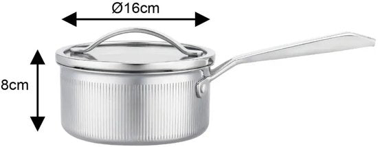 Rvs steelpan 16 cm met afgietdeksel en maataanduiding, tri-ply, alle warmtebronnen