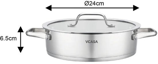Lage braadpan met deksel 24 cm, 2,9 liter, 304 rvs met maataanduiding