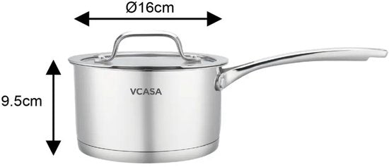 Steelpan 16 cm van rvs met glazen afgietdeksel en maataanduiding, 1,5 liter