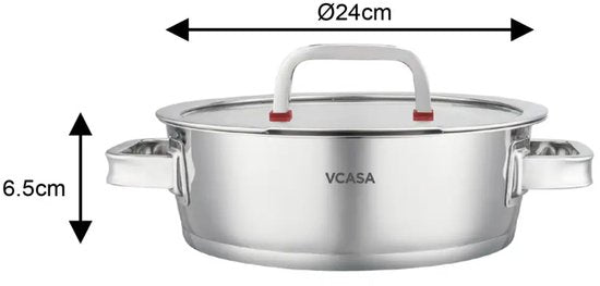 Lage braadpan 24 cm met glazen deksel, 2,7 liter, rvs, geschikt voor alle warmtebronnen