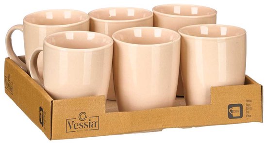 Mok - Koffiemok - Keramische Theemokken - Drinkbekers met Glossy Finish - Luxe Mok - Setvan 6 - 330 ml - 8.5 x 11.5 x 10.5 cm - Crème