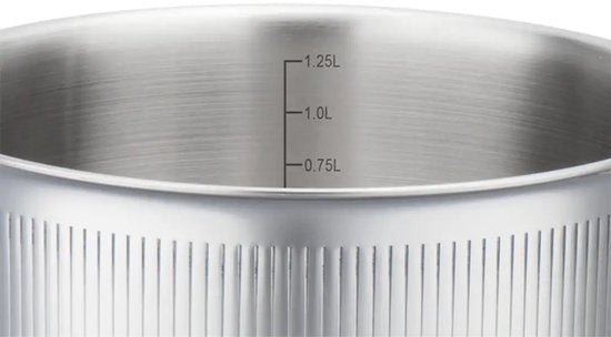 Rvs steelpan 16 cm met afgietdeksel en maataanduiding, tri-ply, alle warmtebronnen