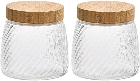 Lot de 2 bocaux de conservation en verre - Bocal de conservation - Boîte de rangement - Avec couvercle en bambou - Rangement cuisine - 0,9 litre - Ø12,2 x 12,5 - Transparent