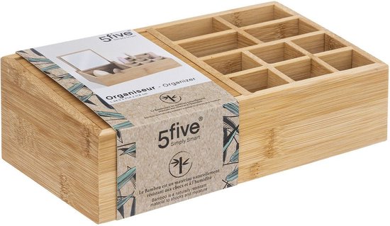 5Five make-up organizer van bamboe – 11 vakken met uitklapbare spiegel – foto 4