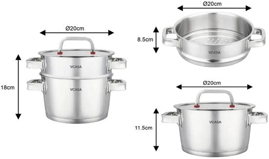 3-delige stoompan set 20 cm met glazen deksel, rvs, geschikt voor alle warmtebronnen