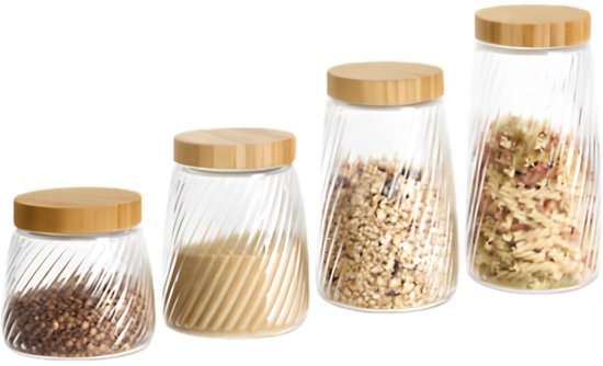 Voorraadpot Food Essentials Ventura - keuken - ribbel glas / bamboe - 0.9 liter - luchtdichte draaideksel - bewaarpotten - opslagpotten