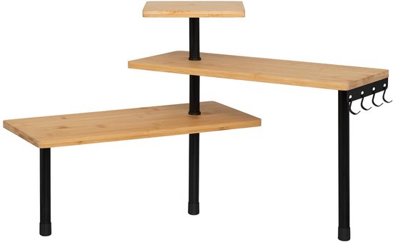 5Five Keuken / aanrecht hoek rekje - metaal / bamboe hout - 43 x 43 x 38 cm - organizer - naturel / zwart - 3 laags
