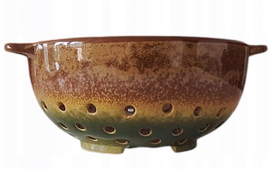 MPLCo - Bol passoire - Bol passoire en céramique - Passoire et bol de service - Avec poignées - Céramique - env. Ø 11,5 x 24 cm - Marron clair et vert foncé