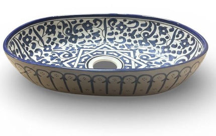 Handgemaakte Marokkaanse Waskom - Opbouw Wastafel - Keramiek - Ovaal - 45 x 29 cm - Blauw Wit