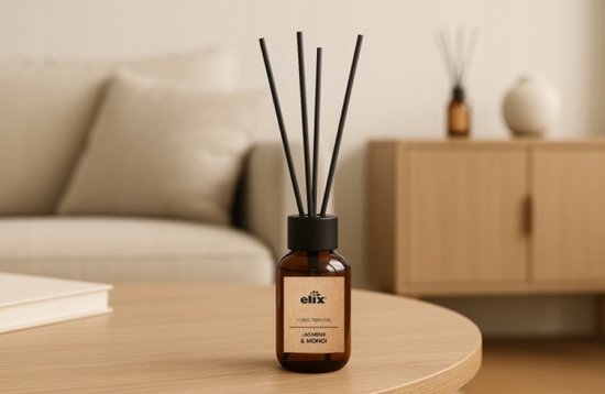 Elix - Geurstokjes Diffuser - Luchtverfrisser - Interieur Parfum - Reed Diffuser - Luxe Huisgeur 45 Dagen - Elegante Woonkamer, Slaapkamer & Kantoor Geur - 125ml - Jasmine & Monoi