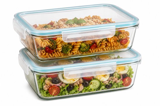 Grote vershoudbakjes Glas Set van 2 - Meal Prep Bakjes 2.26L - Glazen Diepvriesbakjes met Deksel - Lunchbox Glas