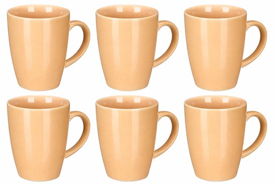 Koffie en Thee mokken - Set van 6 - Mok - Keramische Koffiemok - Aardewerk Theemok - Glanzende Koffiebeker - Moderne Mok - 330 ml - 8.5 x 11.5 x 10.5 cm - Beige - Set van 6 stuks