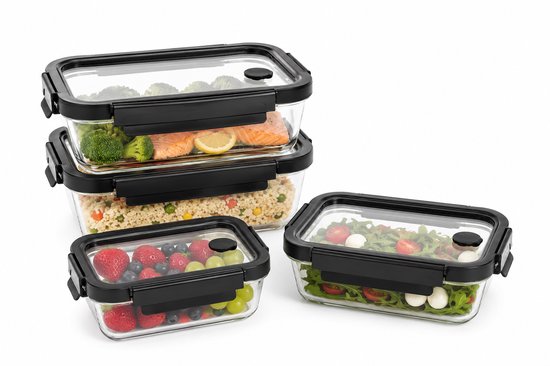 Ensemble de 4 récipients de conservation en verre - Boîtes de préparation de repas - Lunchbox en verre avec couvercle - 2 x 0,5 L & 2 x 1,3 L