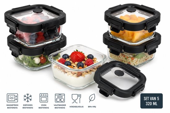 Glass Food Storage Container 320 ml - Meal Prep Container - Glass Lunch Box with Lid - Square