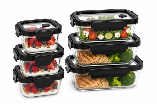 Ensemble de 6 boîtes de conservation en verre - Récipients pour meal prep - Lunchbox en verre avec couvercle - 0,32 L, 0,37 L & 0,5 L
