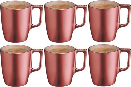 Mok - Moderne Koffiemokken - Glazen Mok - Set van 6 - Luxe Drinkglazen Voor Koffie & Thee - 250ml - 10.4 x 10.4 x 9.2 cm - Rood