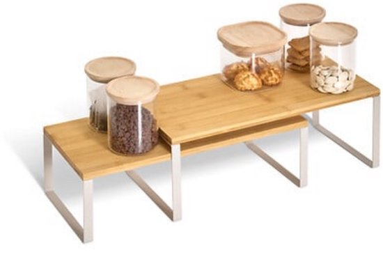 Ordera Regalplatten Set von 2 – Bambus und Metall – Arbeitsplatten-Organizer – Groß und Klein – Aufbewahrungsregale Küche – 2er-Set – stapelbar – Etagere