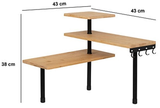 5Five Keuken / aanrecht hoek rekje - metaal / bamboe hout - 43 x 43 x 38 cm - organizer - naturel / zwart - 3 laags