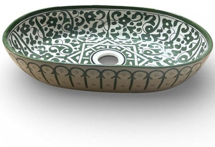 Handgemaakte Marokkaanse Waskom - Opbouw Wastafel - Keramiek - Ovaal - 35 x 25 cm - Groen & Wit