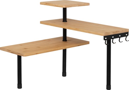 5Five Keuken / aanrecht hoek rekje - metaal / bamboe hout - 43 x 43 x 38 cm - organizer - naturel / zwart - 3 laags