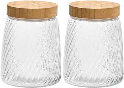 2-Delig Glazen Voorraadpotten - Voorraadpot - Voorraadbus - Met Bamboe Deksel - Keukenopslag - 1.3 Liter - Ø12.2 x 16 cm - Transparant