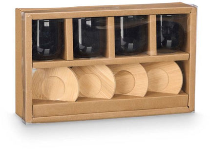 Zwarte keramische espresso kopjes set 4 – met bamboe onderzetters – koffieset 95 ml – Ø5,5 cm