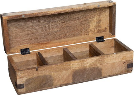 Atmosphera Theedoos - bruin - 4-vaks - mango hout - 32 x 10 cm - Theezakjes doos/kist