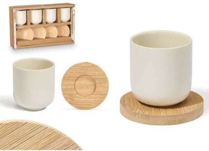 Set van 4 Witte Keramische Koffiekopjes met Bamboe Coasters – 95ml – Geschikt voor Vaatwasser en Magnetron