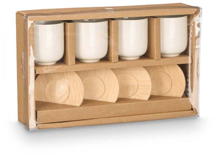 Set van 4 Witte Keramische Koffiekopjes met Bamboe Coasters – 95ml – Geschikt voor Vaatwasser en Magnetron