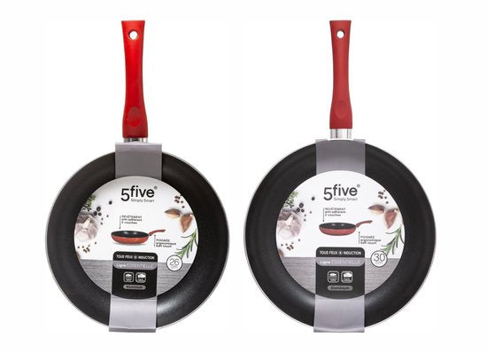 Lot de 2 poêles à frire rouge / noir – Adapté à toutes les tables de cuisson (y compris induction) – 26 cm + 31 cm – Revêtement antiadhésif – Manche en bakélite