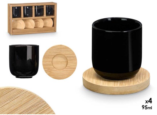 Zwarte espresso kopjes set van 4 – keramiek, bamboe onderzetters, 95 ml