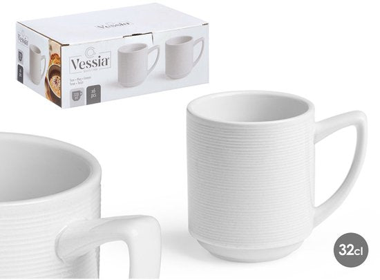 Mok - Koffiemok - Theemok - Porseleinen - Set van 6 - Stevige Drinkbeker - 320ml - 8 x 11.3 x 9.5 cm - Wit