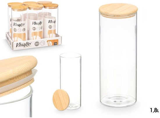 Bocal de conservation - Bocal en verre borosilicaté avec couvercle en bambou - Récipient de cuisine - Bocal de rangement transparent grand format - Pâtes, riz, muesli - 1,8 L - 10 x 10 x 25 cm - Transparent et bambou