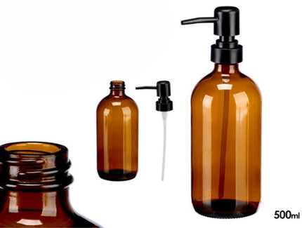 Flessenpomp - Dispenser - Set van 2 - Rond - Kristal Dispenser met Zwarte Pomp - 500 ml - 7.4 x 9.5 x 21.4 cm - Bruin-Zwart