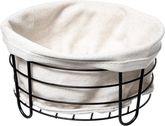 5Five - Broodmand Bistro - metaal/stof - rond - zwart/creme wit - 22 x 11 cm