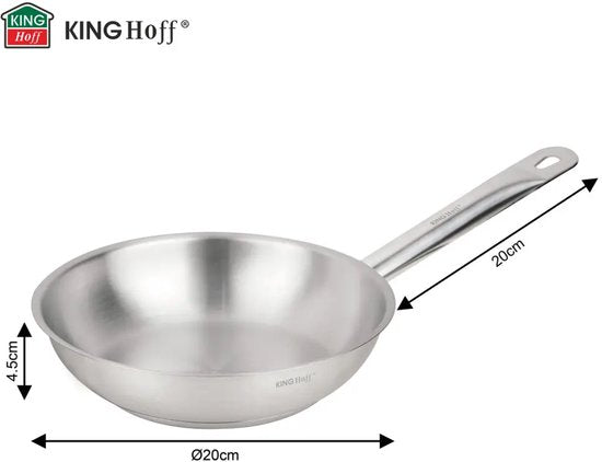 Kinghoff - KH-2018 - Pan - Koekenpan met Stalen Handvat - Zonder Antiaanbaklaag - Inductie Geschikt - Hoge Temperatuur tot 240°C - Voor Vlees, Vis & Groenten - 21CT, RVS - Ø20 cm - Zilver