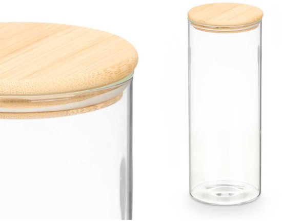 Bocal de conservation - Bocal en verre borosilicaté avec couvercle en bambou - Récipient de cuisine - Bocal de rangement transparent grand format - Pâtes, riz, muesli - 1,8 L - 10 x 10 x 25 cm - Transparent et bambou