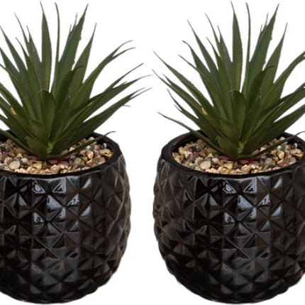 Kunst Ananas Plant in Pot - Set van 2 - Decoratieve Kamerplant - Kunstplant met Keramische Pot - Tafeldecoratie Woonkamer - Onderhoudsvrije Plant - Dolomiet - 13 x 13 x 21 cm - Zwart