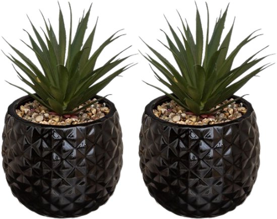 Kunst Ananas Plant in Pot - Set van 2 - Decoratieve Kamerplant - Kunstplant met Keramische Pot - Tafeldecoratie Woonkamer - Onderhoudsvrije Plant - Dolomiet - 13 x 13 x 21 cm - Zwart