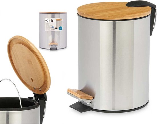 Berilo Treteimer Stahl - Softclose - 5L - silber / beige - D20 x H26 cm - Mülleimer für das Badezimmer