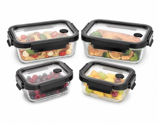 Ensemble de 4 récipients de conservation en verre - Boîtes de préparation de repas - Lunchbox en verre avec couvercle - 2 x 0,5 L & 2 x 1,3 L
