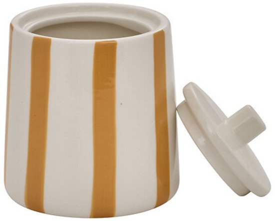 Wattenschijfjeshouder Strio Keramiek Hoog - 12.8 cm Beige – Badkamer Organizer Met Deksel - Wattenhouder - Badkamer Bakje inclusief deksel