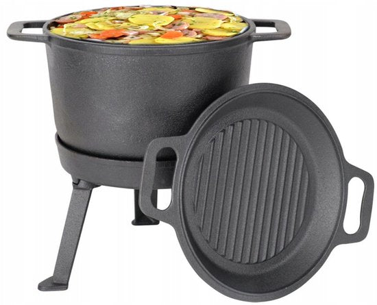 Kinghoff Gietijzeren Dutch Oven 10L – 3-in-1 Outdoor Kookset | Stoofpot, Grill en Kampvuurpan