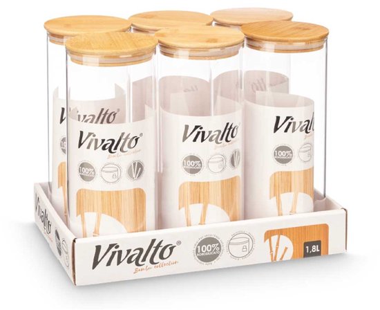 Bocal de conservation - Bocal en verre borosilicaté avec couvercle en bambou - Récipient de cuisine - Bocal de rangement transparent grand format - Pâtes, riz, muesli - 1,8 L - 10 x 10 x 25 cm - Transparent et bambou